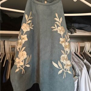 She + Sky Blue Grey Crop Halter Top with White Embroidered Floral Design